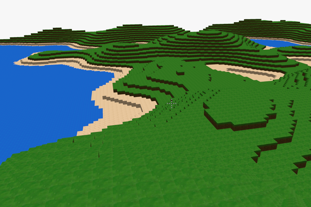 screenshot of minecraft clone showing grass hills, sand and ocean blocks